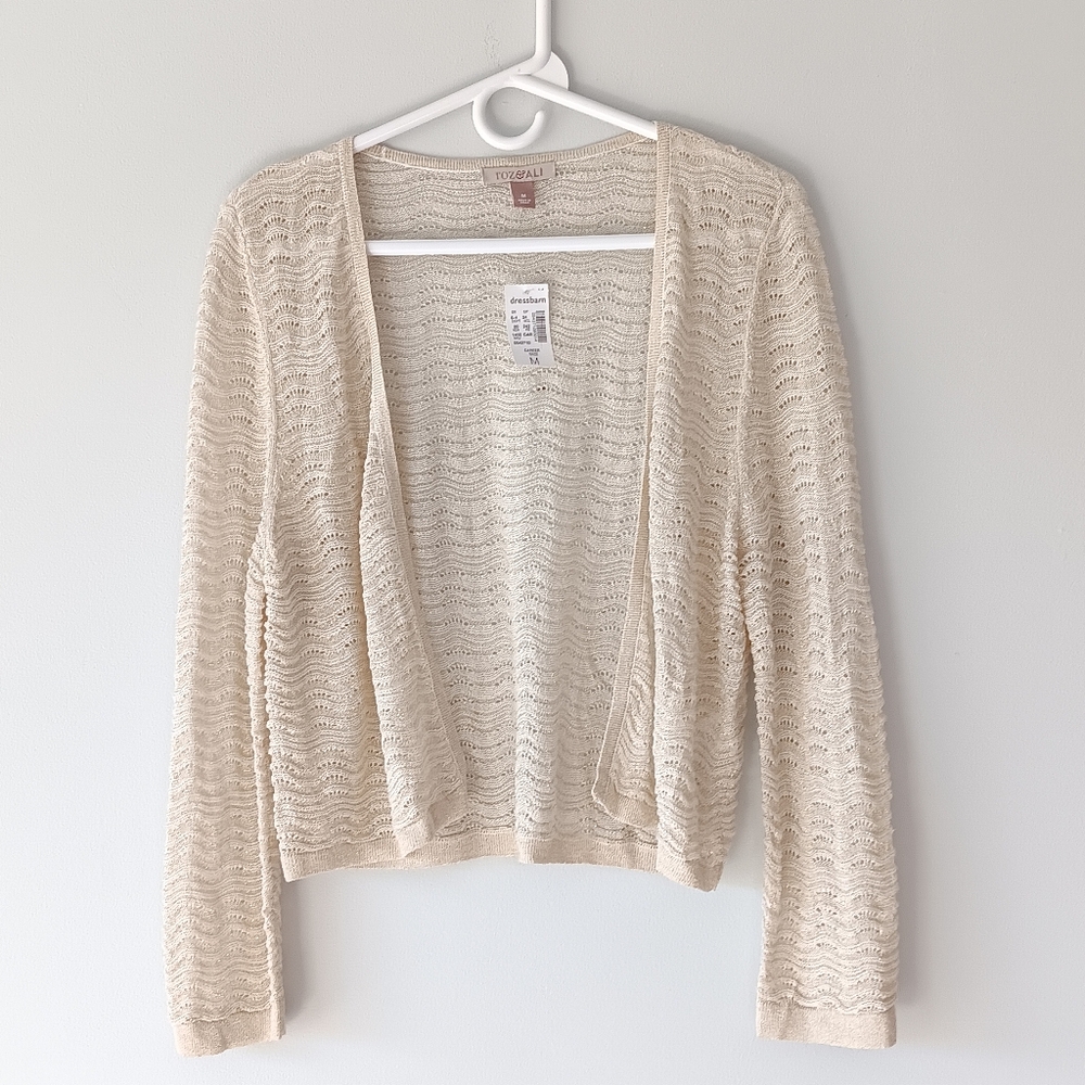 New Roz & Ali Metallic Open Weave & Front Knit Cardigan Champagne Ivory Medium